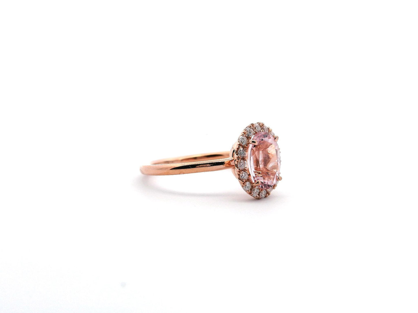 14K Rose Gold Morganite and Diamond Ring.