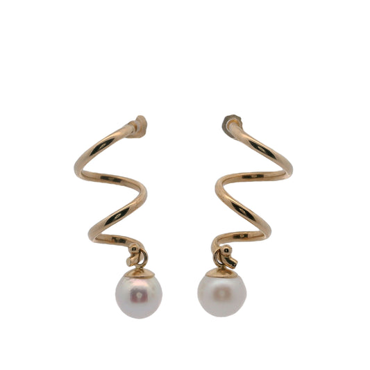 14K Gold Pearl Spiral Dangle Earrings