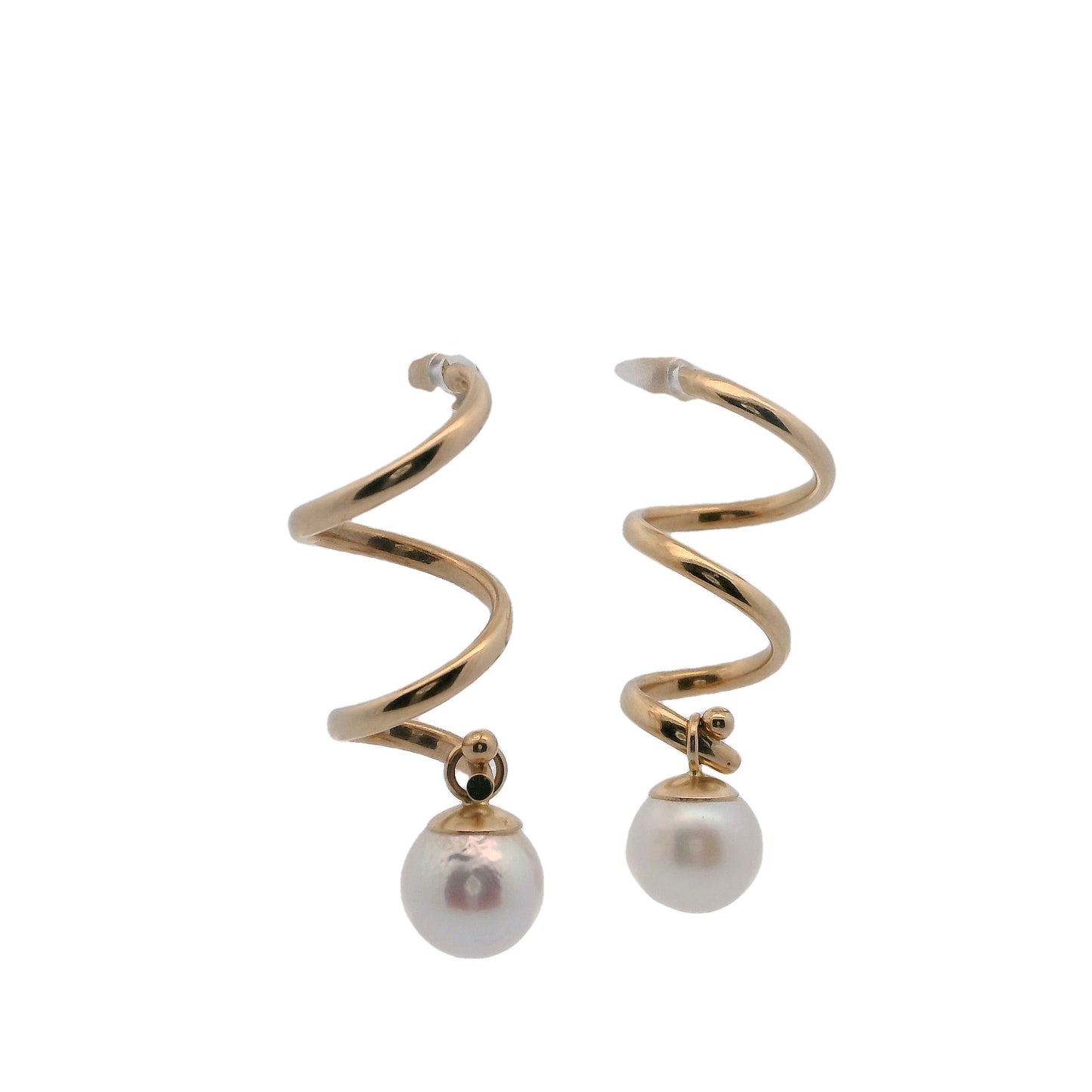 14K Gold Pearl Spiral Dangle Earrings