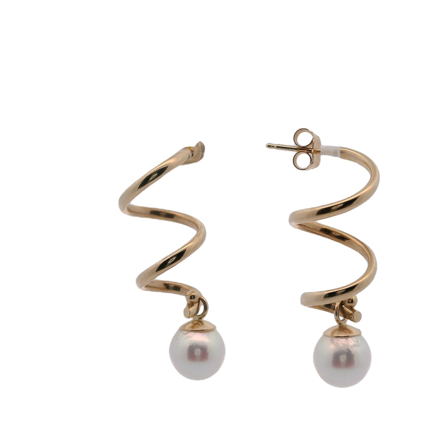 14K Gold Pearl Spiral Dangle Earrings