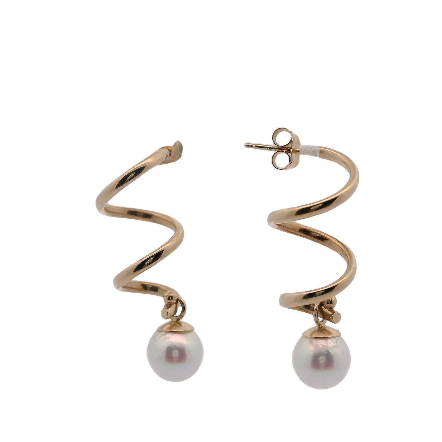 14K Gold Pearl Spiral Dangle Earrings